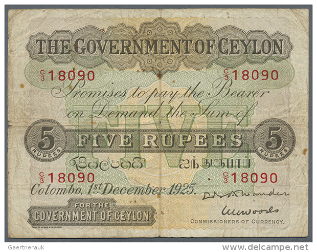 Ceylon: 5 Rupees December 1st 1925, P.22 In Well Worn Condition With A Number Small Tears Along The Borders, Stains... - Sri Lanka