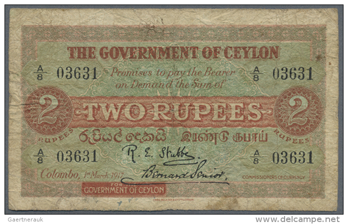 Ceylon: 2 Rupees March 1st 1917, P.17, Very Rare Note In Well Worn Condition With Staining Paper, Lot Of Folds And... - Sri Lanka