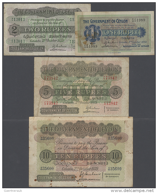 Ceylon: Set With 4 Banknotes 1, 2, 5, And 10 Rupees, All Dated 1939, P.16c, 21b, 23c, 25c. Very Nice Set In Used... - Sri Lanka