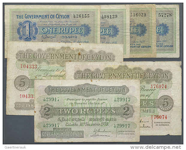 Ceylon: Set With 7 Banknotes Containing 1 Rupee 1927, 1931 (2x) And 1936, 2 Rupees 1938 And 5 Rupees 1934 And 1936,... - Sri Lanka