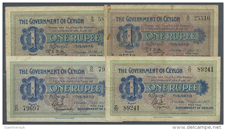 Ceylon: Set With 4 Banknotes 1 Rupee Dated 1917, 1918, 1923 And 1924, P.16a, All In Nice Used Condition With Stains... - Sri Lanka