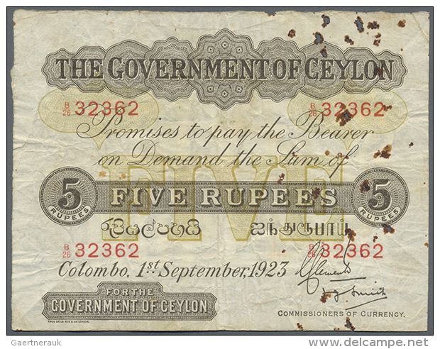 Ceylon: 5 Rupees September 1st 1923, P.11c In Well Worn Condition With Several Rusty Holes At Right Part Of The... - Sri Lanka