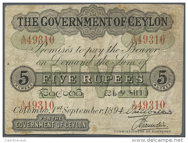 Ceylon: 5 Rupees 1894, P.11a, Highly Rare And Seldom Offered Banknote In Used Condition With Staining Paper,... - Sri Lanka