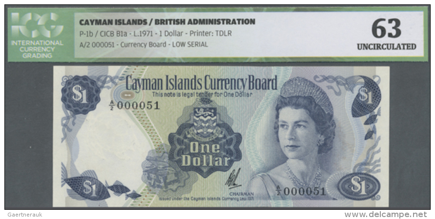 Cayman Islands: 1 Dollar L.1971 P. 1b, Low Serial Number A/2 000051, ICG Graded: 63 Uncirculated (R) - Kaaimaneilanden