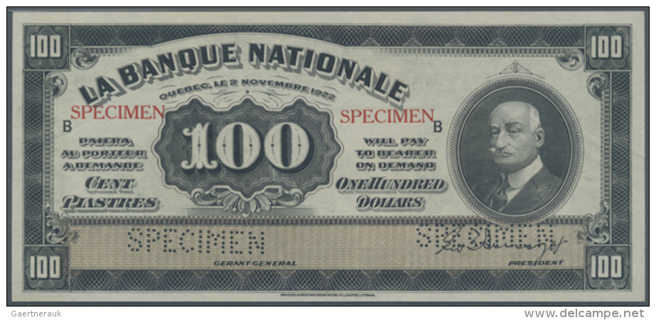 Canada: La Banque Nationale 100 Dollars 1922 SPECIMEN, P.S875s In Perfect Condition, Slightly Wavy Paper At Left... - Canada