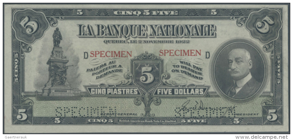 Canada: La Banque Nationale 5 Dollars 1922 SPECIMEN, P.S871s With Ovpt. And Perforation Specimen And Excellent... - Canada