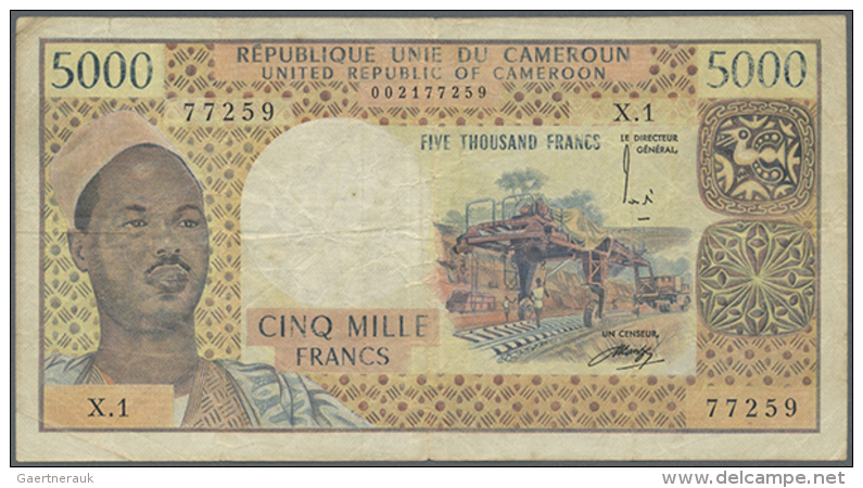 Cameroun: 5000 Francs ND(1974) P. 17b, Used With Several Folds And Light Stain In Paper, No Holes, Still Nice... - Kameroen