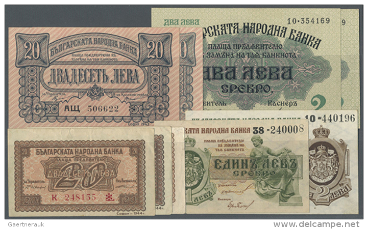 Bulgaria: Set Of 9 Notes Containing 3x 20 Leva 1944 P. 68a,b,c (all F+), 2x 20 Leva 1943 P. 63a,b (UNC And F+), 2x... - Bulgaria
