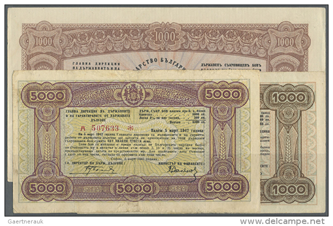 Bulgaria: Set Of 3 Different Notes Containing 1000 Leva 1944 P. 67L (XF To XF-), 1000 Leva 1945 P. 67O (F) And 5000... - Bulgarije