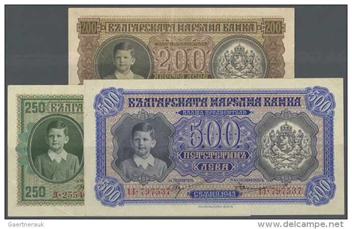 Bulgaria: Set Of 3 Notes Containing 200 Leva 1943 P. 64 (F), 250 Leva 1943 P. 65 (VF-) And 500 Leva 1943 P. 66... - Bulgaria