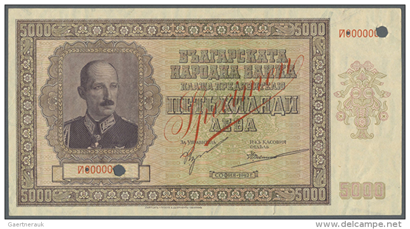 Bulgaria: 5000 Leva 1942 Specimen P. 62s, Very Rare Note With Red Specimen Overprint On Front And Back Side, Zero... - Bulgaria