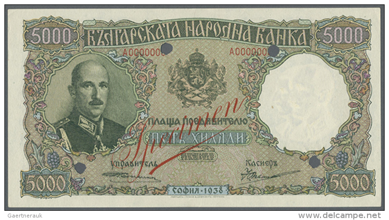 Bulgaria: 5000 Leva 1938 SPECIMEN P. 57s, Very Rare Note With Red Specimen Overprint On Front And Back, 4 Bank... - Bulgarije