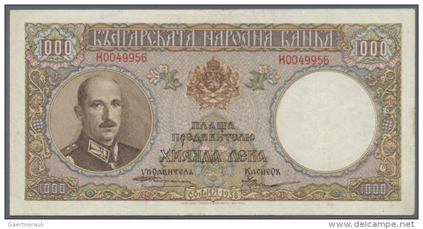 Bulgaria: 1000 Leva 1938 P. 56, Light Vertical Folds, Handling In Paper, Light Red Staining At Upper Border On... - Bulgarije