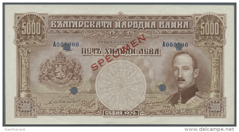 Bulgaria: 5000 Leva 1929 Specimen P. 54s, Rare Note With Red Specimen Overprint, Zero Serial Numbers, Bank... - Bulgarije