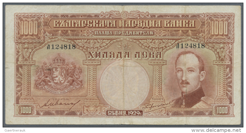 Bulgaria: 1000 Leva 1929 P. 53 In Used Condition With Several Folds And Light Staining In Paper, No Holes Or Tears,... - Bulgarije