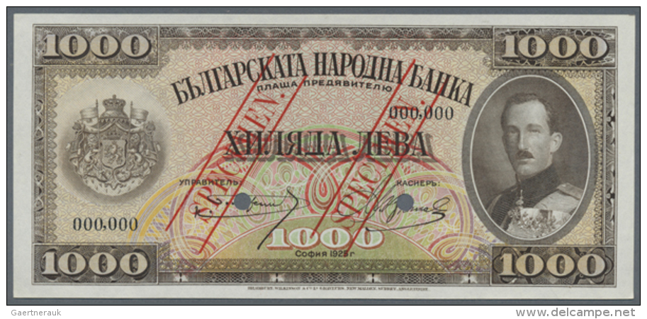 Bulgaria: 1000 Leva 1925 Specimen P. 48s, Rare Note With Red Specimen Overprint On Front And Back Side, Bank... - Bulgaria