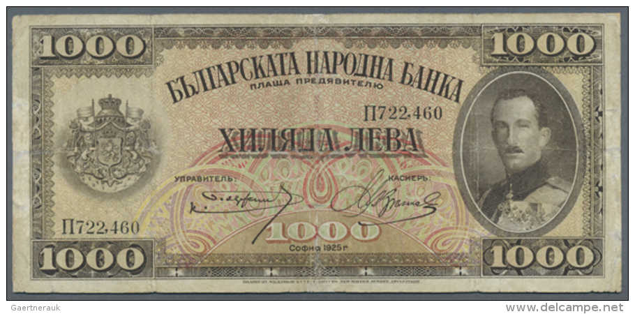 Bulgaria: 1000 Leva 1925 P. 48 In Used Condition With Several Folds And Light Staining In Paper, Very Strong Center... - Bulgarije