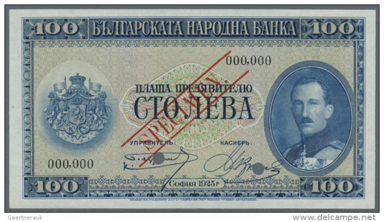 Bulgaria: 100 Leva 1925 SPECIMEN P. 46s, Rare Note With Red Specimen Overprint On Front And Back, Bank Cancellation... - Bulgarije