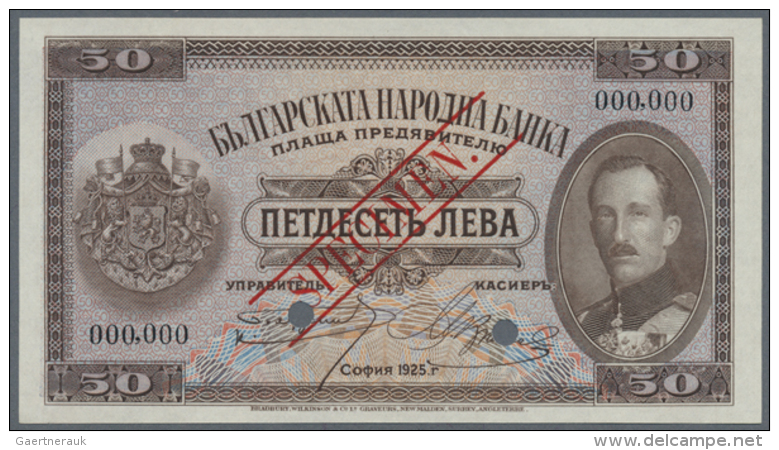 Bulgaria: 50 Leva 1925 Specimen P. 45s, Rare Note With Red Specimen Overprint On Front And Back Side, Bank... - Bulgaria
