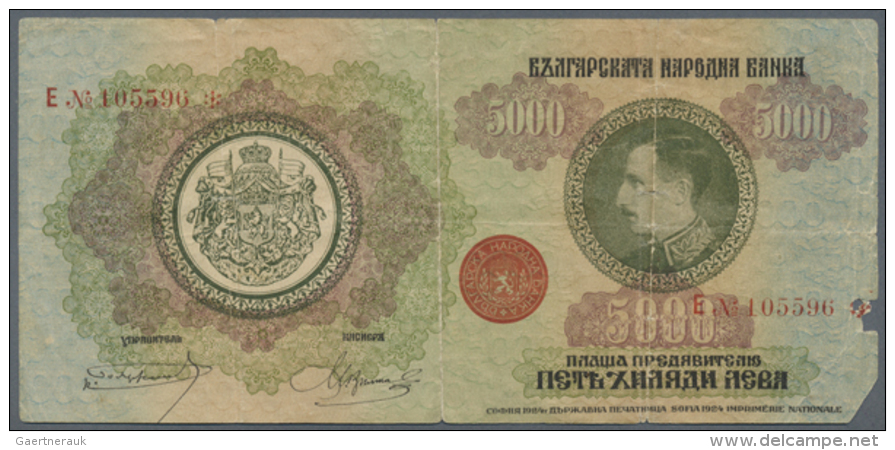 Bulgaria: 5000 Leva 1924 P. 41, Rare Issue, This Example Is Used With Vertical And Horizontal Folds, Small Missing... - Bulgaria