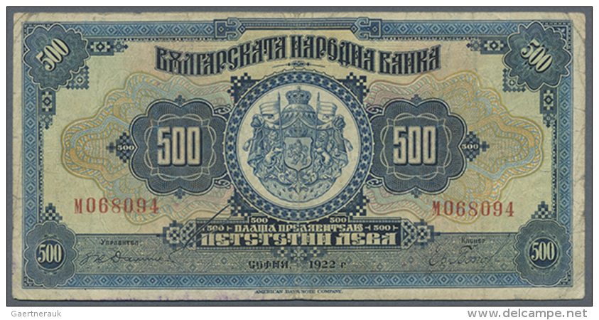Bulgaria: 500 Leva 1922, P.39, Seldom Offered Note In Used Condition With Several Folds, Staining Paper And Tiny... - Bulgarije