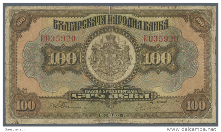 Bulgaria: 100 Leva 1922 P. 38 In Stronger Used Condition With Several Folds, Stains And Creases, Center Hole But No... - Bulgarije