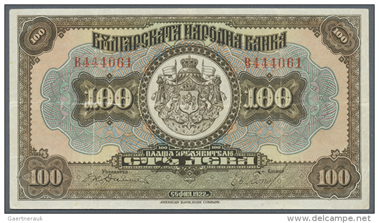 Bulgaria: 100 Leva 1922, P.38, Very Nice Looking And Rare Note With Some Vertical And Horizontal Folds, Very Tiny... - Bulgaria