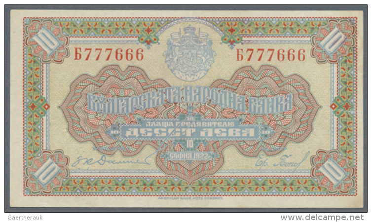 Bulgaria: 10 Leva 1922 P. 35 With Color Error, While Several Parts Of The Normal Note Are Printed In Deep Purple... - Bulgaria