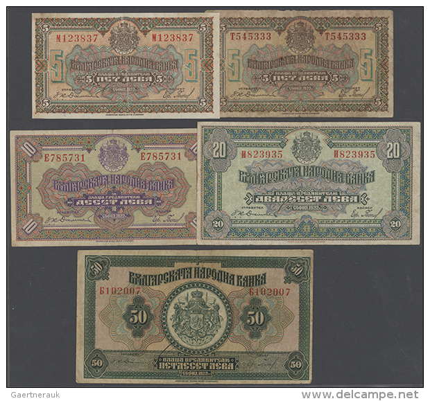 Bulgaria: Nice Set With 5 Banknotes Containing 2 X 5 Leva, 10, 20 And 50 Leva 1922, P.34-37, All In Used Condition... - Bulgaria