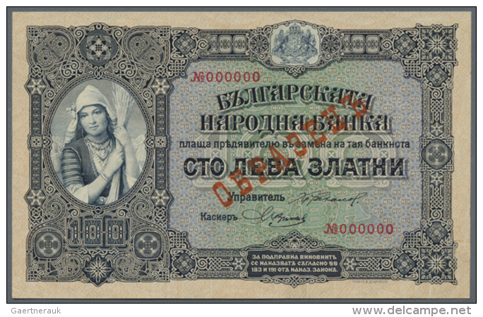 Bulgaria: 100 Leva Zlatni ND(1917) SPECIMEN P. 25s, Rare Note With Red Specimen Overprint On Front, Zero Serial... - Bulgaria