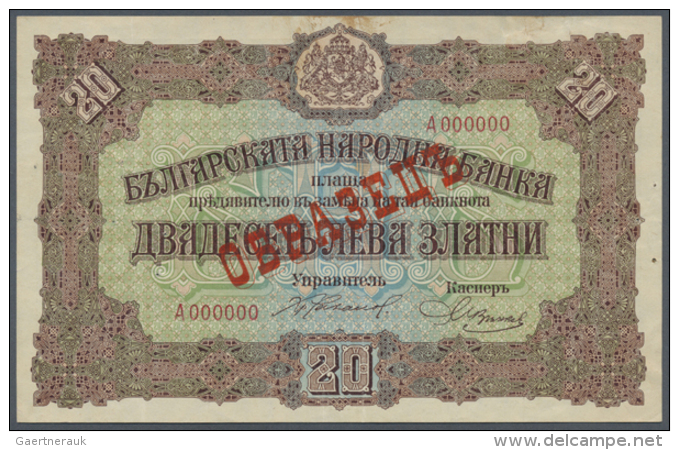 Bulgaria: 20 Leva Zlatni ND(1917) SPECIMEN P. 23s, Rarely Seen On The Market, With Zero Serial Numbers And Red... - Bulgaria