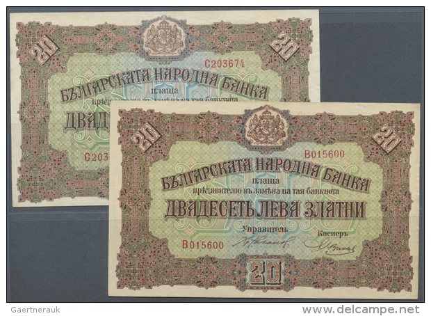 Bulgaria: Set Of 2 Notes 20 Leva Zlatni ND(1917) P. 23a, Both Only Light Traces Of Use, Strong Paper, Condition VF+... - Bulgaria