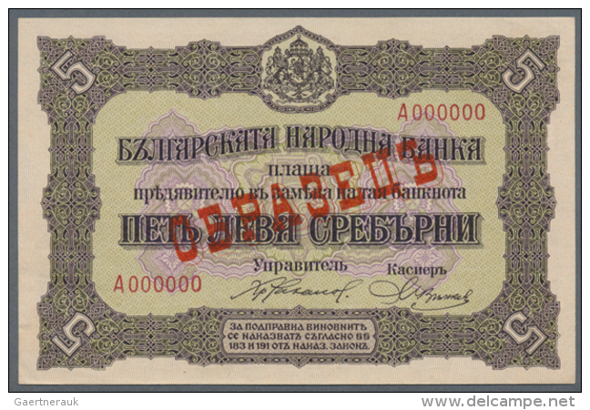 Bulgaria: 5 Leva ND(1917) SPECIMEN P. 21as, Rare Note With Red Specimen Overprint On Front, Zero Serial Numbers, In... - Bulgarije