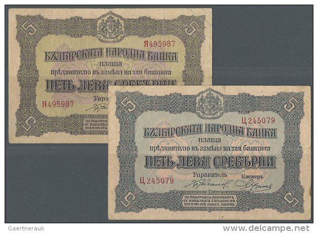 Bulgaria: Set Of 2 Notes 5 Leva ND(1917) P. 21a, Both Used With Folds But No Holes Or Tears, Still Strong Paper,... - Bulgaria