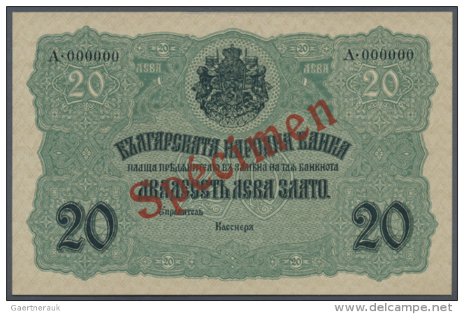 Bulgaria: 20 Leva Zlato ND(1916) SPECIMEN P. 18s, Rare Note With Red Specimen Overprint On Front And Back, Zero... - Bulgarije