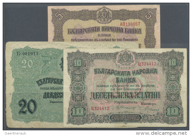 Bulgaria: Set Of 3 Different Banknotes Containing 5 Leva ND(1917) P. 21 (VF), 10 Leva ND(1917) P. 22 (VF-) And 20... - Bulgarije