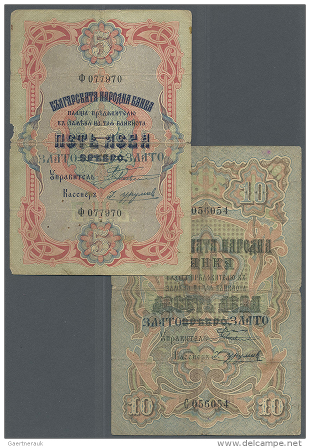 Bulgaria: Set Of 2 Notes Containing 5 Leva Zlato ND(1907) Gold With Provisional Overprint P. 7 In Condition F- And... - Bulgarije