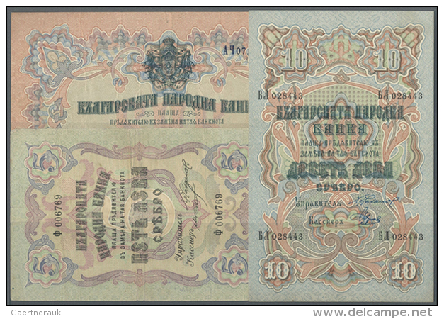 Bulgaria: Set Of 3 Different Banknotes Containing 5 Leva ND(1909) P. 2 (F- With Small Missing Part At Lower Left),... - Bulgaria
