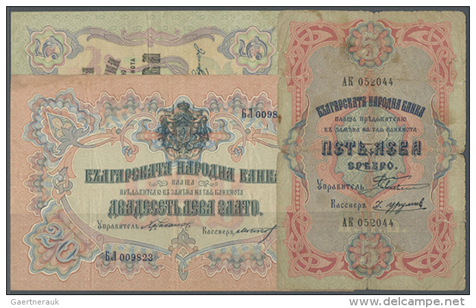 Bulgaria: Set Of 3 Different Banknotes Containing 5 Leva ND(1904) P. 1c (stronger Used With Strong Folds, Condition... - Bulgaria