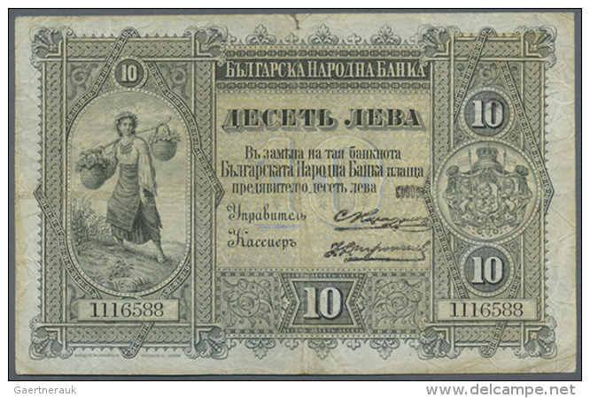 Bulgaria: 10 Silver Leva ND(1899), P.A7c In Used Condition With Several Stains And Folds, Small Tear At Upper... - Bulgarije