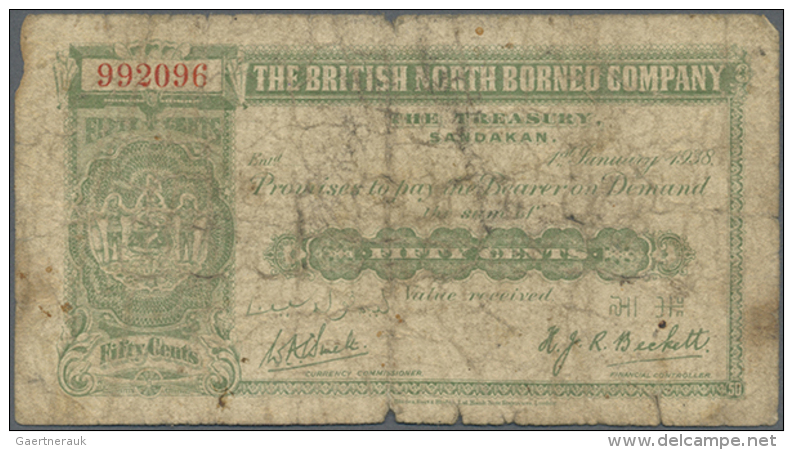 British North Borneo: 50 Cents 1938 P. 27, Stronger Used With Stains And Folds, Softness And Several Small Holes In... - Maleisië