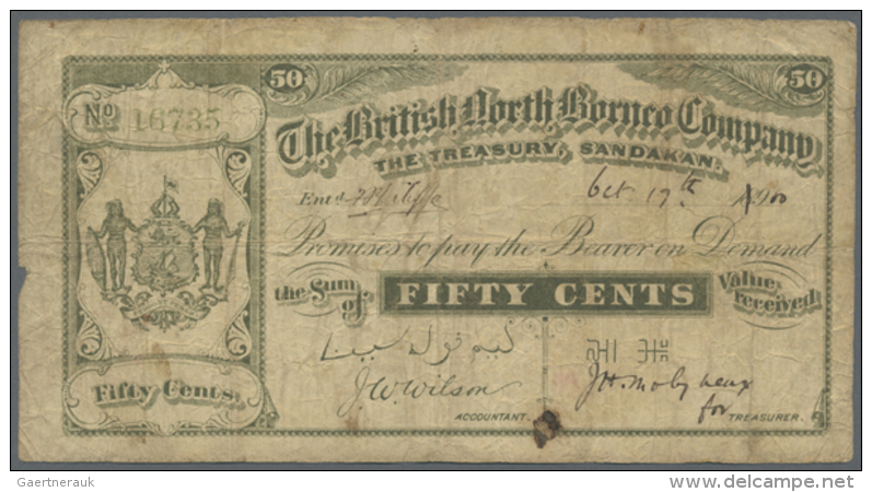 British North Borneo: 50 Cents 1900 P. 8, Size 174x91mm, Not As Mentioned In Pick 167x50mm, Date 1900 Is Even Not... - Malaysia