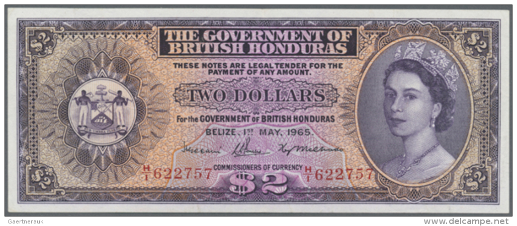 British Honduras: 2 Dollars 1965 P. 29, Light Dints At Right Border, No Strong Folds, No Holes Or Tears, Condition:... - Honduras