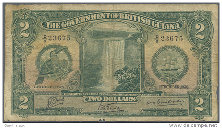 British Guiana: 2 Dollars 1938 P. 13b, Seldom Seen Note In Used Condition, With Several Folds And Stained Paper, No... - Guyana