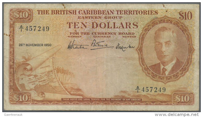 British Caribbean Territories: 10 Dollars 1950 P. 4, More Rare Issue, Used With Several Folds And Stain In Paper, A... - Oostelijke Caraïben