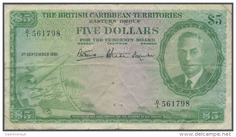 British Caribbean Territories: 5 Dollars 1951 P. 3, Center And Horizontal Fold, 2 Pinholes, Several Other Folds And... - Oostelijke Caraïben