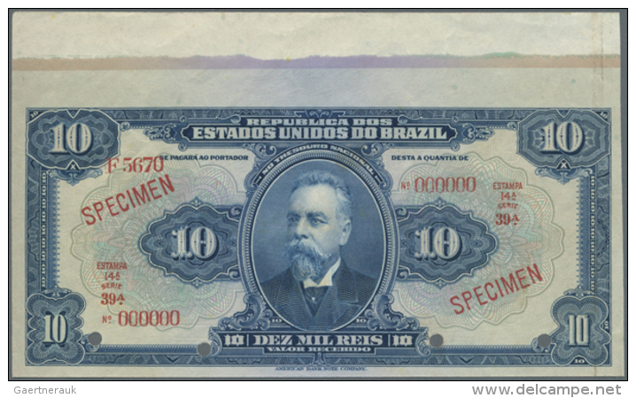 Brazil: Uncut 10 Mil Reis ND(1918), Estampa 14A SPECIMEN, P.36s In Very Nice And Colorfresh Condition, Just A Few... - Brazil