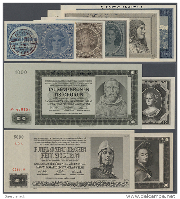 Bohemia &amp; Moravia: Set Of 41 Banknotes Containing 3x 100 Korun 1940 Specimen (UNC), 4 100 Korun 1940 (VF To... - Czech Republic