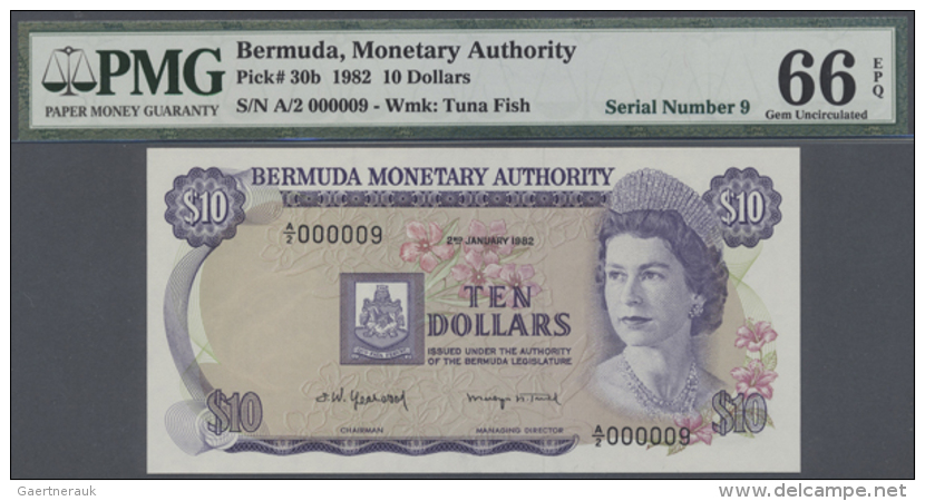 Bermuda: 10 Dollar 1982 P. 30b, PMG Graded 66 GEM UNC EPQ With Very Low Serial Number A/2 000009. (R) - Bermuda