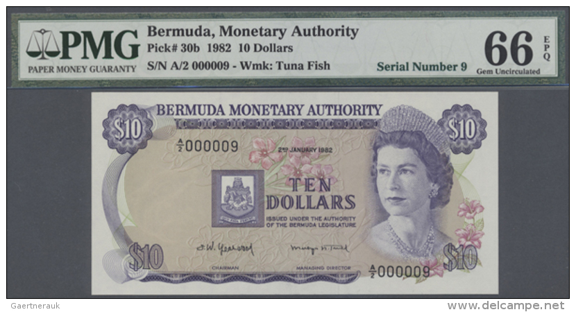 Bermuda: 10 Dollar 1982 P. 30b, PMG Graded 66 GEM UNC EPQ With Very Low Serial Number A/2 000009. (R) - Bermudas